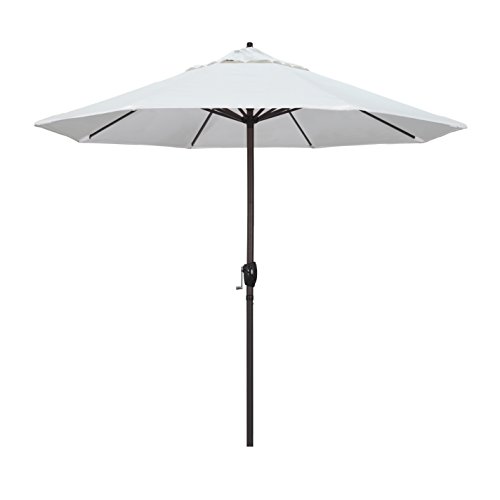 California Umbrella 9' Round Aluminum Market Umbrella, Crank Lift, Auto Tilt, Bronze Pole, White Olefin