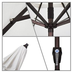 California Umbrella 9' Round Aluminum Market Umbrella, Crank Lift, Auto Tilt, Bronze Pole, White Olefin