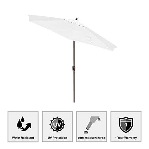 California Umbrella 9' Round Aluminum Market Umbrella, Crank Lift, Auto Tilt, Bronze Pole, White Olefin
