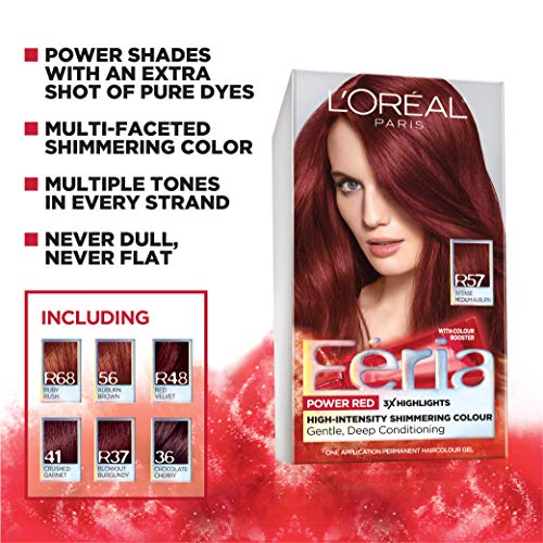 L'Oreal Paris Feria Multi-Faceted Shimmering Permanent Hair Color, R48 Red Velvet (Intense Deep Auburn), Pack of 1, Hair Dye