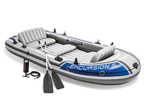 intex 68325ep excursion 5 inflatable boat set: includes deluxe 54in aluminum oars and high-output pump – adjustable seats with backrest – fishing rod holders – 5-person – 1320lb weight capacity