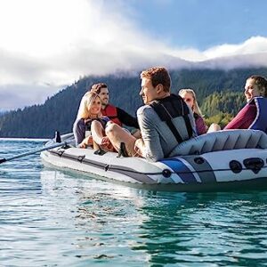 INTEX 68325EP Excursion 5 Inflatable Boat Set: Includes Deluxe 54in Aluminum Oars and High-Output Pump – Adjustable Seats with Backrest – Fishing Rod Holders – 5-Person – 1320lb Weight Capacity