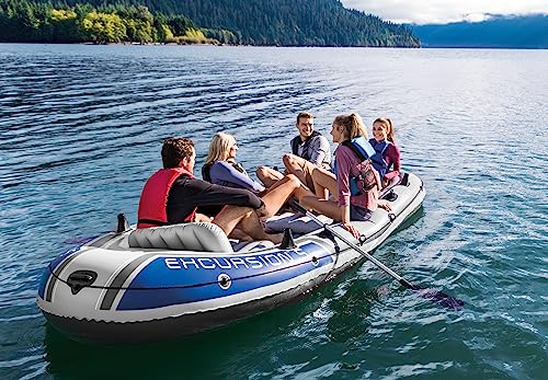 INTEX 68325EP Excursion 5 Inflatable Boat Set: Includes Deluxe 54in Aluminum Oars and High-Output Pump – Adjustable Seats with Backrest – Fishing Rod Holders – 5-Person – 1320lb Weight Capacity
