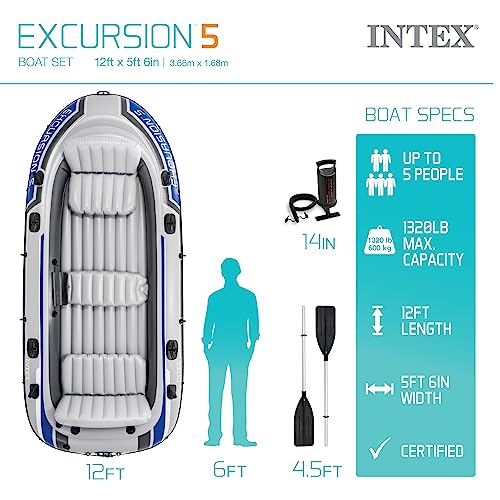 INTEX 68325EP Excursion 5 Inflatable Boat Set: Includes Deluxe 54in Aluminum Oars and High-Output Pump – Adjustable Seats with Backrest – Fishing Rod Holders – 5-Person – 1320lb Weight Capacity