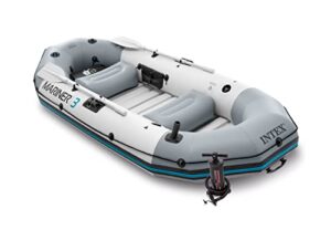 intex 68376ep mariner 4 inflatable boat set: includes deluxe 54in aluminum oars and high-output pump – supertough pvc – inflatable thwart seats – 4-person – 1100lb weight capacity