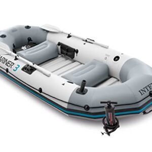 INTEX 68376EP Mariner 4 Inflatable Boat Set: Includes Deluxe 54in Aluminum Oars and High-Output Pump – SuperTough PVC – Inflatable Thwart Seats – 4-Person – 1100lb Weight Capacity