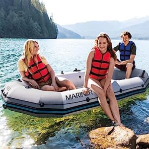 INTEX 68376EP Mariner 4 Inflatable Boat Set: Includes Deluxe 54in Aluminum Oars and High-Output Pump – SuperTough PVC – Inflatable Thwart Seats – 4-Person – 1100lb Weight Capacity