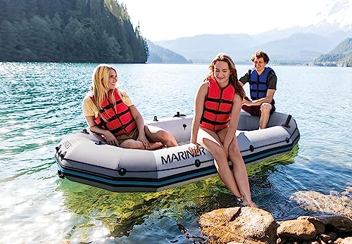 INTEX 68376EP Mariner 4 Inflatable Boat Set: Includes Deluxe 54in Aluminum Oars and High-Output Pump – SuperTough PVC – Inflatable Thwart Seats – 4-Person – 1100lb Weight Capacity