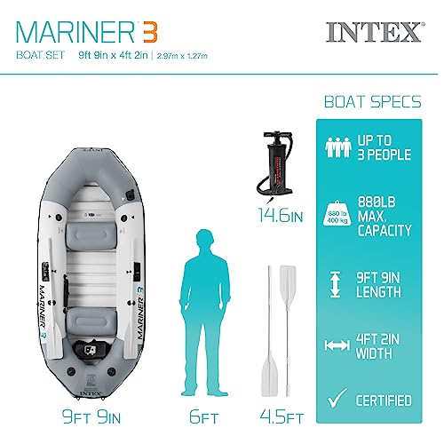 INTEX 68376EP Mariner 4 Inflatable Boat Set: Includes Deluxe 54in Aluminum Oars and High-Output Pump – SuperTough PVC – Inflatable Thwart Seats – 4-Person – 1100lb Weight Capacity