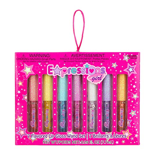 Expressions girl 7pc Fruity Flavored Lip Gloss Set, Long Lasting Glossy Lip Makeup for Kids/Teens - Lip Gloss in Assorted Fruity Flavors, Teen Girls Party Favors, Non Toxic Makeup for Kids