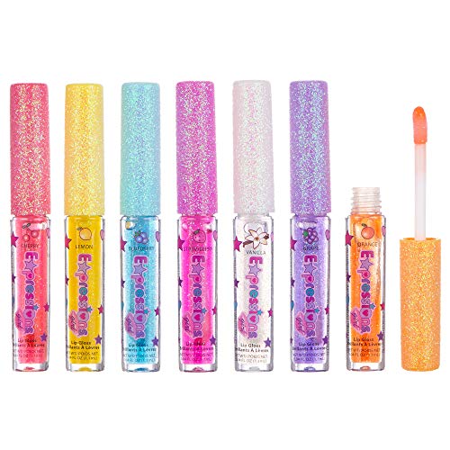 Expressions girl 7pc Fruity Flavored Lip Gloss Set, Long Lasting Glossy Lip Makeup for Kids/Teens - Lip Gloss in Assorted Fruity Flavors, Teen Girls Party Favors, Non Toxic Makeup for Kids