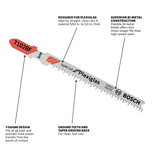 BOSCH T102BF 3-Piece 2-5/8 In. 13 TPI Clean for Plexiglas Bi-Metal Jig Saw Blades