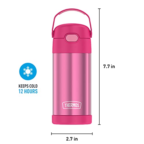 THERMOS FUNTAINER 12 Ounce Stainless Steel Vacuum Insulated Kids Straw Bottle, Pink