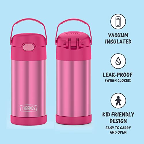 THERMOS FUNTAINER 12 Ounce Stainless Steel Vacuum Insulated Kids Straw Bottle, Pink