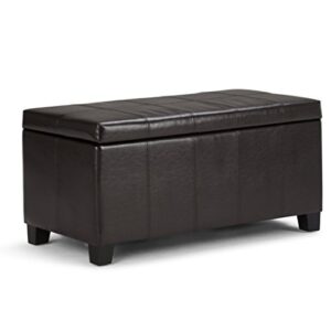 simplihome dover 36 inch wide rectangle lift top storage ottoman bench in upholstered tanners brown faux leather, footrest stool, coffee table for the living room, bedroom and kids room
