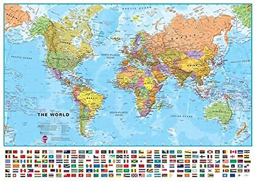 Maps International - Large World Map – Wall Map Poster With Flags – Laminated - 23 x 33