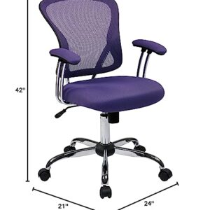 OSP Home Furnishings Juliana Mesh Back and Padded Seat Adjustable Task Chair with Padded Arms and Chrome Accents, Purple