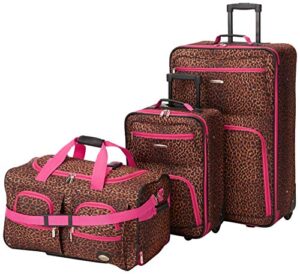 rockland vara softside upright luggage, pink leopard, 3-piece set (20/22/28)