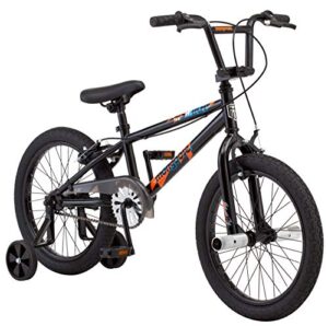 mongoose switch kids bmx bike, boys and girls bicycle ages 5-8 years, 18 inch wheels, bike with training wheels, low stand over frame, foot and hand brakes,black