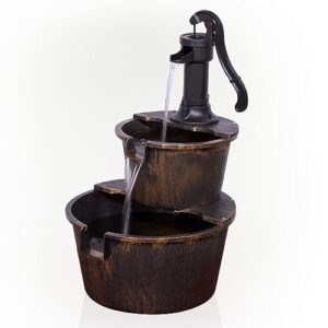 Alpine Corporation 27" Tall 2-Tier Barrel and Pump Waterfall Fountain, Bronze Finish