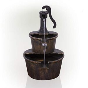 Alpine Corporation 27" Tall 2-Tier Barrel and Pump Waterfall Fountain, Bronze Finish