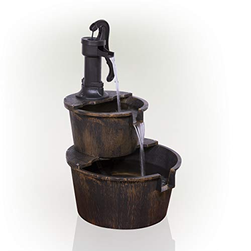 Alpine Corporation 27" Tall 2-Tier Barrel and Pump Waterfall Fountain, Bronze Finish