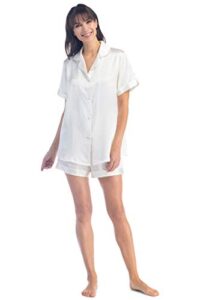 fishers finery women's 100% mulberry silk short pajama set; button down short sleeve top with shorts(white, l)