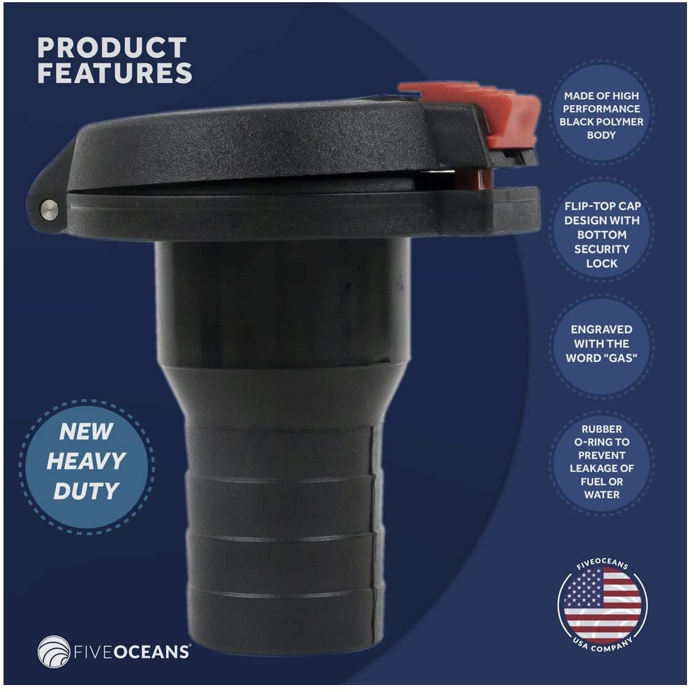 Five Oceans Boat Gas Deck Fill/Filler, Marine Fuel Deck Filler with Flip Top Cap Design, 1-1/2 Inch Hose, Straight Neck, for Pontoon, Fishing Boats, Bass Boat, Sport Yachts, Sailboats - FO1797