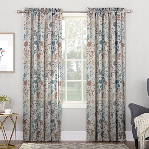 Sun Zero Kara Floral Print Energy Efficient Rod Pocket Single Curtain Panel, 54" x 84", Stone