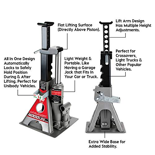 Powerbuilt 2 Ton UniJack Combination Hydraulic Bottle Jack / Jackstand in 1 Unit, Compact, Portable, Wide Base, for Unibody Sedans, CUVs, SUVs, Cars, - 620470