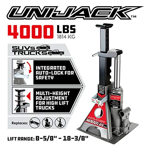 Powerbuilt 2 Ton UniJack Combination Hydraulic Bottle Jack / Jackstand in 1 Unit, Compact, Portable, Wide Base, for Unibody Sedans, CUVs, SUVs, Cars, - 620470