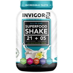 invigor8 superfood protein shake with immunity boosters - gluten-free non gmo meal replacement shake with probiotics and omega 3 (645 grams) (french vanilla)