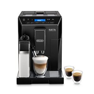 delonghi super-automatic espresso coffee machine with an adjustable grinder, double boiler, milk frothermaker for brewing espresso, cappuccino, latte, macchiato & flat white. ecam44660b eletta, 1 liters