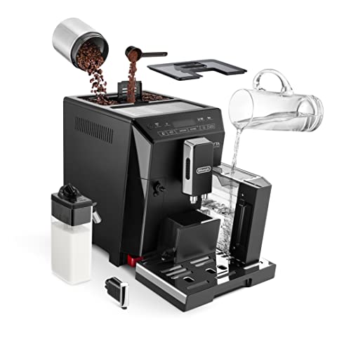 Delonghi super-automatic espresso coffee machine with an adjustable grinder, double boiler, milk frothermaker for brewing espresso, cappuccino, latte, macchiato & Flat white. ECAM44660B Eletta, 1 liters