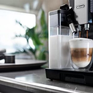 Delonghi super-automatic espresso coffee machine with an adjustable grinder, double boiler, milk frothermaker for brewing espresso, cappuccino, latte, macchiato & Flat white. ECAM44660B Eletta, 1 liters