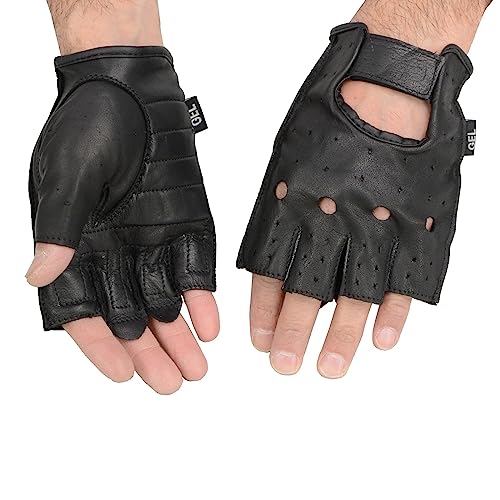 Milwaukee Leather SH195 Men's Black Leather Perforated Gel Padded Palm Fingerless Motorcycle Hand Gloves W/ ‘Open Knuckle’ - XX-Large