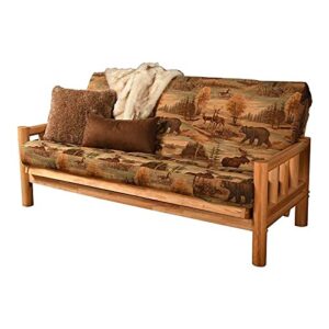 futon frame and full size mattress set. this rustic log frame sofa set easily converts to full-size bed. nice. the wildlife upholstery is great in hunting cabin, cottage or log home. 8 thick sleeper p