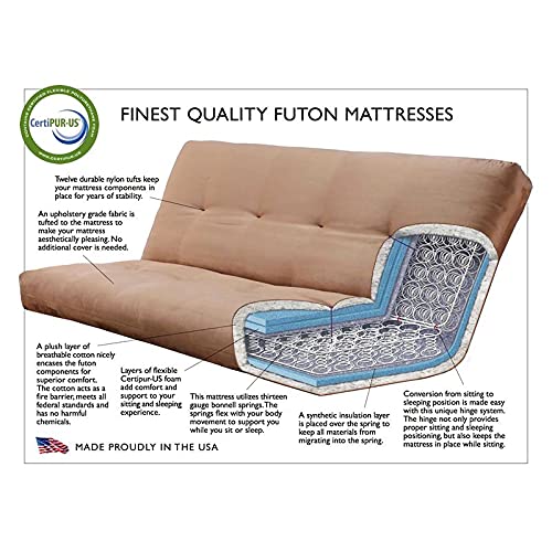 Futon Frame and Full Size Mattress Set. This Rustic Log Frame Sofa Set Easily Converts to Full-size Bed. Nice. The Wildlife Upholstery Is Great in Hunting Cabin, Cottage or Log Home. 8 Thick Sleeper P