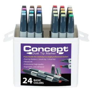 Concept 24 Pc Dual Tip Art Markers Set, Artist Coloring Markers For Adult Coloring Books and Kids for Sketching, Drawing & Doodling Includes an Organizer Case, Basic Assorted Colors