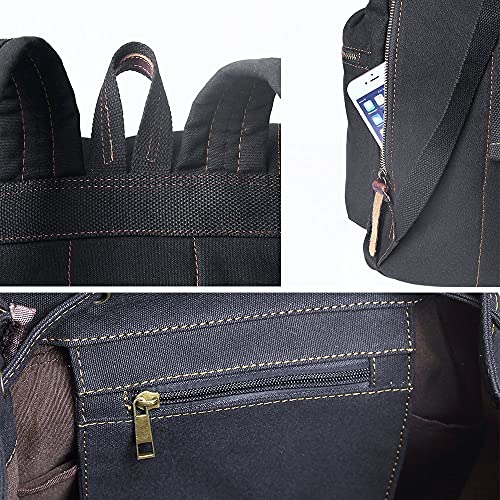 Bluboon Canvas Vintage Backpack Leather Casual Bookbag Men Rucksack (Black)