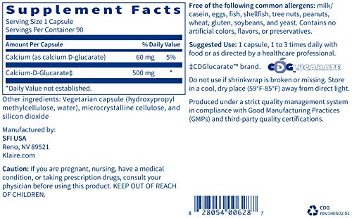 Klaire Labs Calcium D-Glucarate 500mg - Supports Healthy Estrogen Metabolism & Detoxification - Liver & Detox Support Supplement - Gluten-Free, Yeast-Free & Hypoallergenic (90 Capsules)