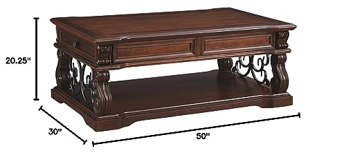 Signature Design by Ashley Alymere Traditional Lift Top Coffee Table, Hand-Finished with 2 Storage Drawers and Fixed Floor Shelf, Dark Brown