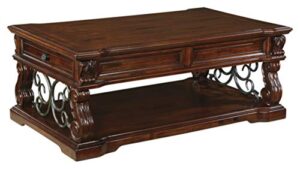 signature design by ashley alymere traditional lift top coffee table, hand-finished with 2 storage drawers and fixed floor shelf, dark brown