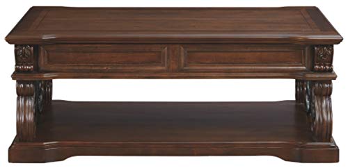 Signature Design by Ashley Alymere Traditional Lift Top Coffee Table, Hand-Finished with 2 Storage Drawers and Fixed Floor Shelf, Dark Brown