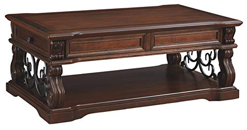 Signature Design by Ashley Alymere Traditional Lift Top Coffee Table, Hand-Finished with 2 Storage Drawers and Fixed Floor Shelf, Dark Brown