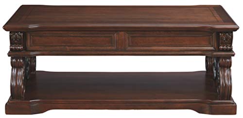 Signature Design by Ashley Alymere Traditional Lift Top Coffee Table, Hand-Finished with 2 Storage Drawers and Fixed Floor Shelf, Dark Brown