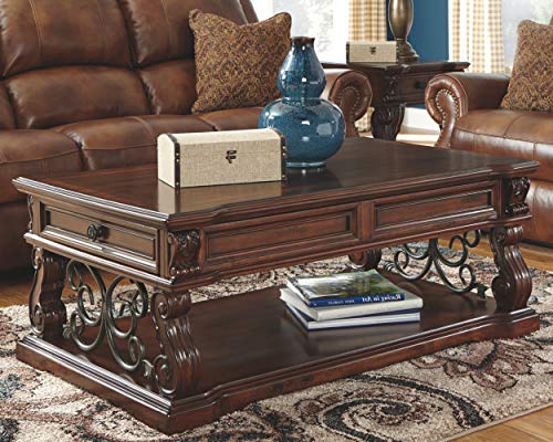 Signature Design by Ashley Alymere Traditional Lift Top Coffee Table, Hand-Finished with 2 Storage Drawers and Fixed Floor Shelf, Dark Brown