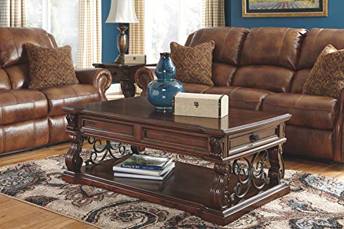 Signature Design by Ashley Alymere Traditional Lift Top Coffee Table, Hand-Finished with 2 Storage Drawers and Fixed Floor Shelf, Dark Brown