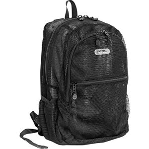 j world new york mesh backpack for adults. transparent see-through book-bag for school, beach, swim, gym, black, one size
