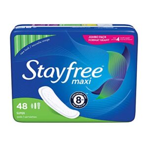 stayfree maxi super long wingless reliable protection and absorbency pads for women, 48 count (pack of 1)
